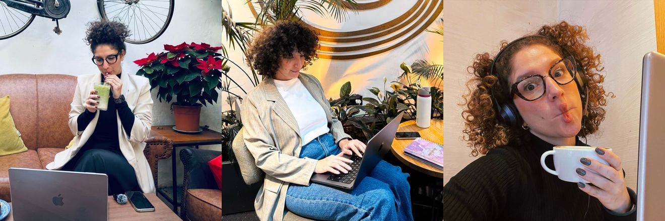 Three moments of remote work: laptop and a matcha in a café, working from a plant-filled corner, and mid-call with headphones and a coffee.