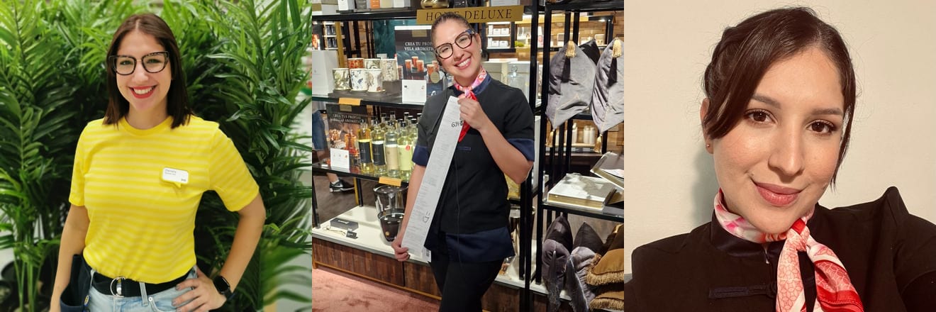 Three moments from Daniela's retail years: on the shop floor in her Market Hall uniform, holding a receipt from a record sales day, and in the cosmetics shop uniform and silk scarf.